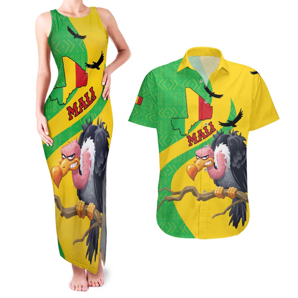 Personalised Mali Couples Matching Tank Maxi Dress and Hawaiian Shirt Vulture With Flag Map Bogolan Pattern