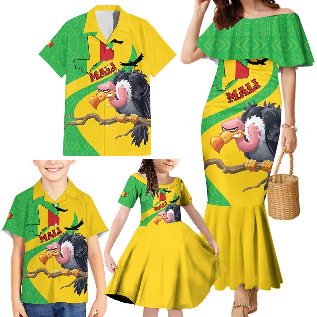 Personalised Mali Family Matching Mermaid Dress and Hawaiian Shirt Vulture With Flag Map Bogolan Pattern