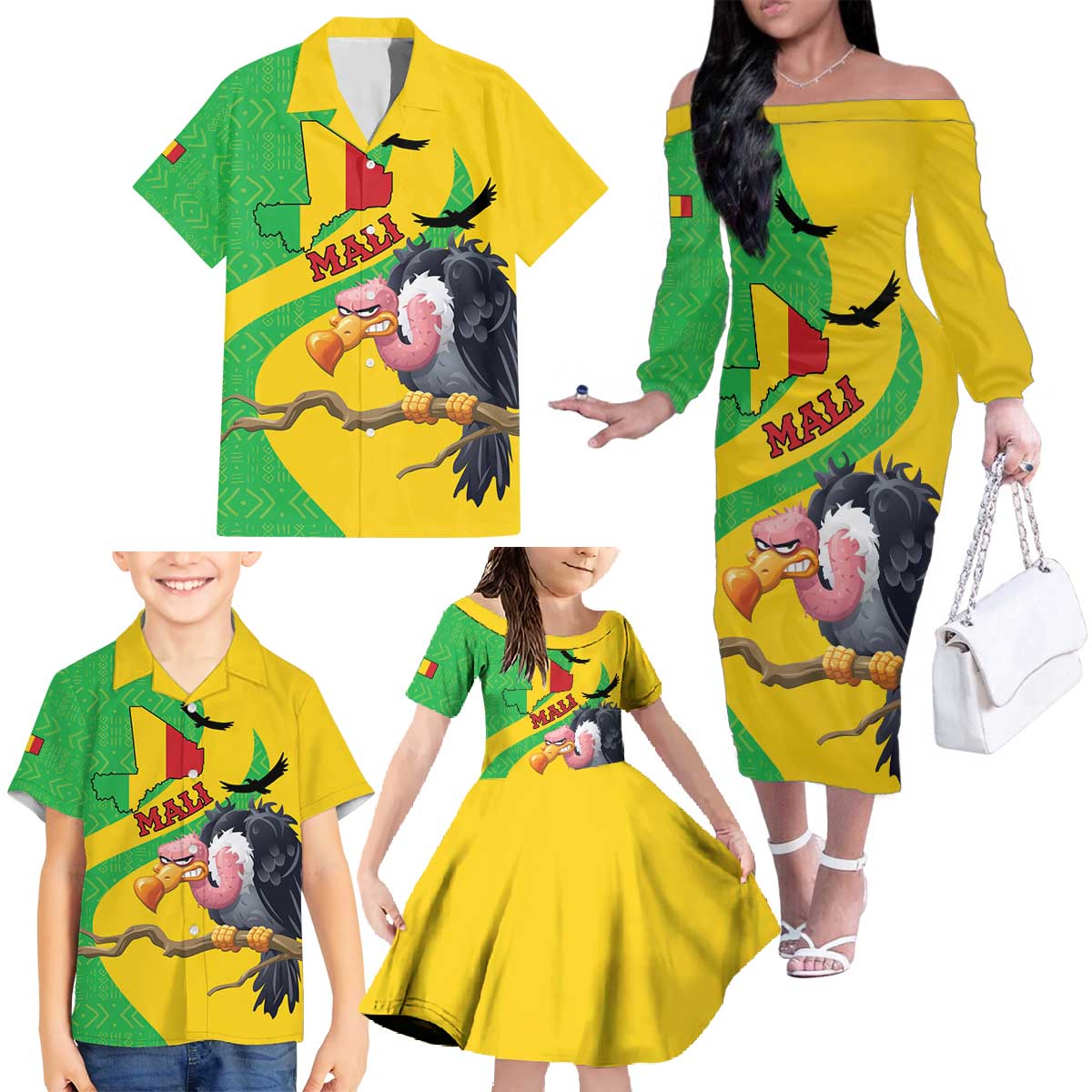 Personalised Mali Family Matching Off The Shoulder Long Sleeve Dress and Hawaiian Shirt Vulture With Flag Map Bogolan Pattern