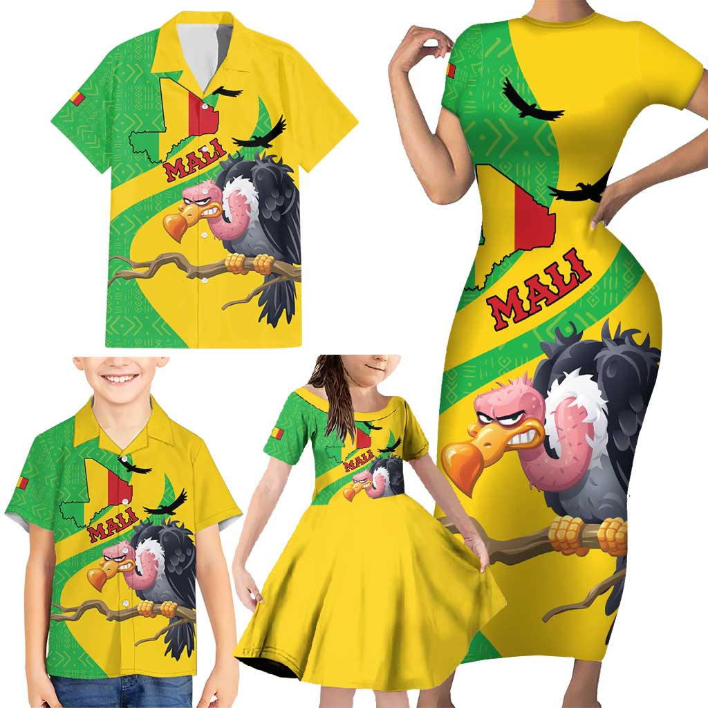 Personalised Mali Family Matching Short Sleeve Bodycon Dress and Hawaiian Shirt Vulture With Flag Map Bogolan Pattern