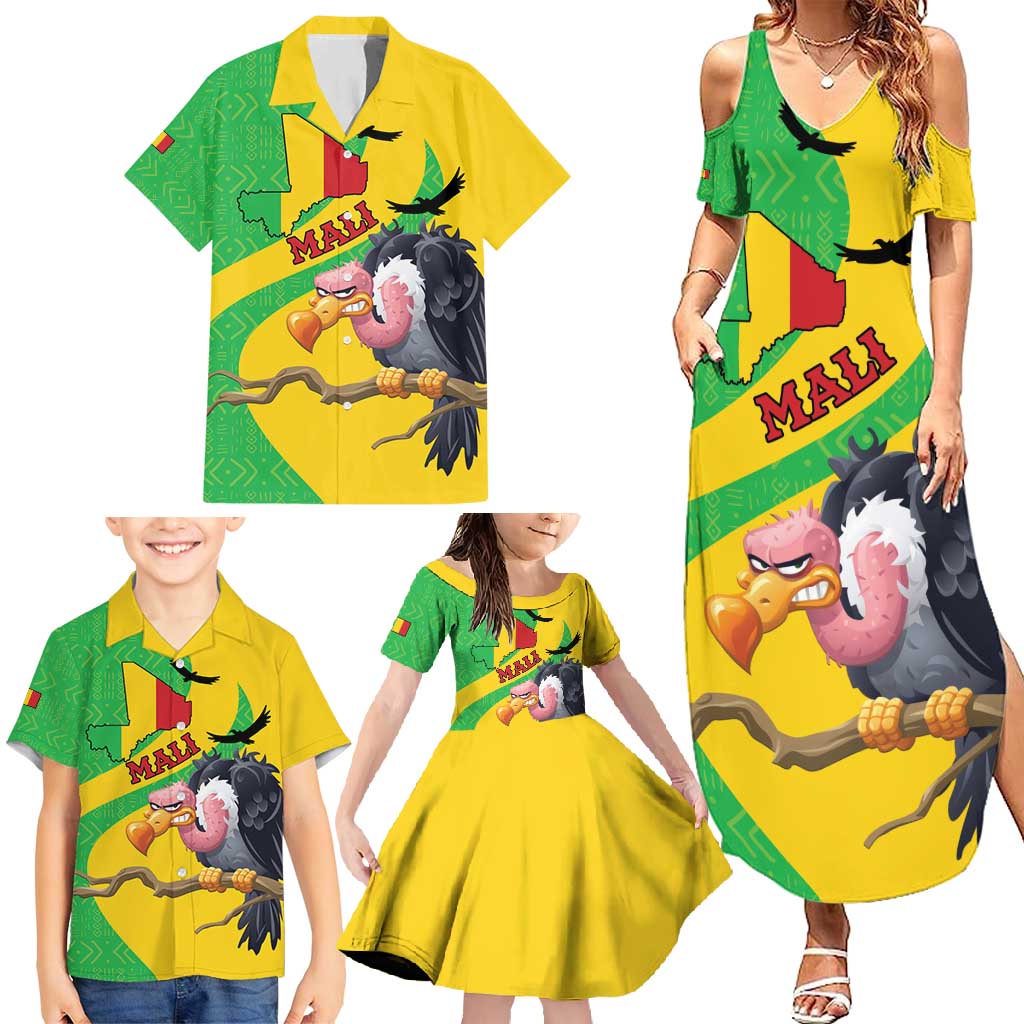 Personalised Mali Family Matching Summer Maxi Dress and Hawaiian Shirt Vulture With Flag Map Bogolan Pattern - Wonder Print Shop