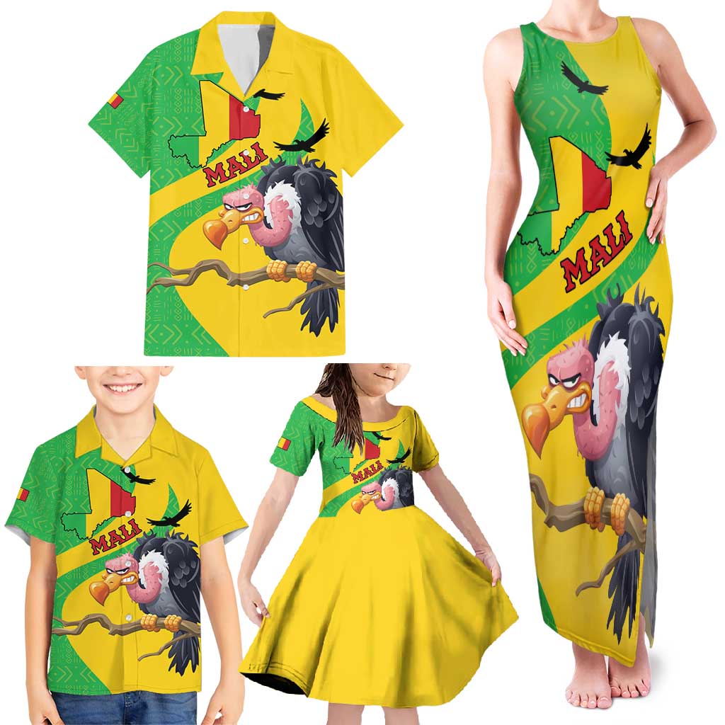 Personalised Mali Family Matching Tank Maxi Dress and Hawaiian Shirt Vulture With Flag Map Bogolan Pattern - Wonder Print Shop