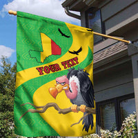 Personalised Mali house flag with vulture and Mali map design, green/yellow, 'YOUR TEXT'.