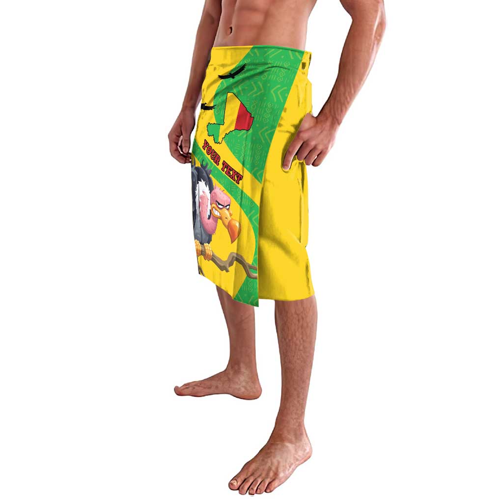 Yellow personalized lavalava skirt with green map and vulture graphic on side panel