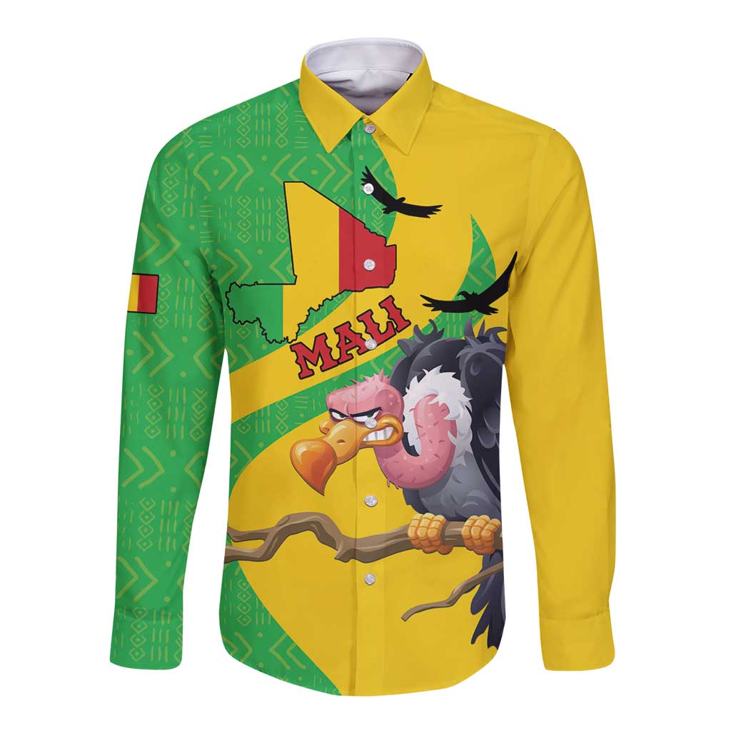 Yellow long-sleeve button shirt with green panel and Mali bird graphic