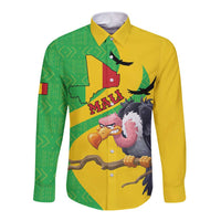Yellow long-sleeve button shirt with green panel and Mali bird graphic