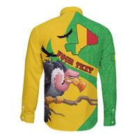 Yellow long-sleeve button shirt with green panel; back shows Mali bird graphic