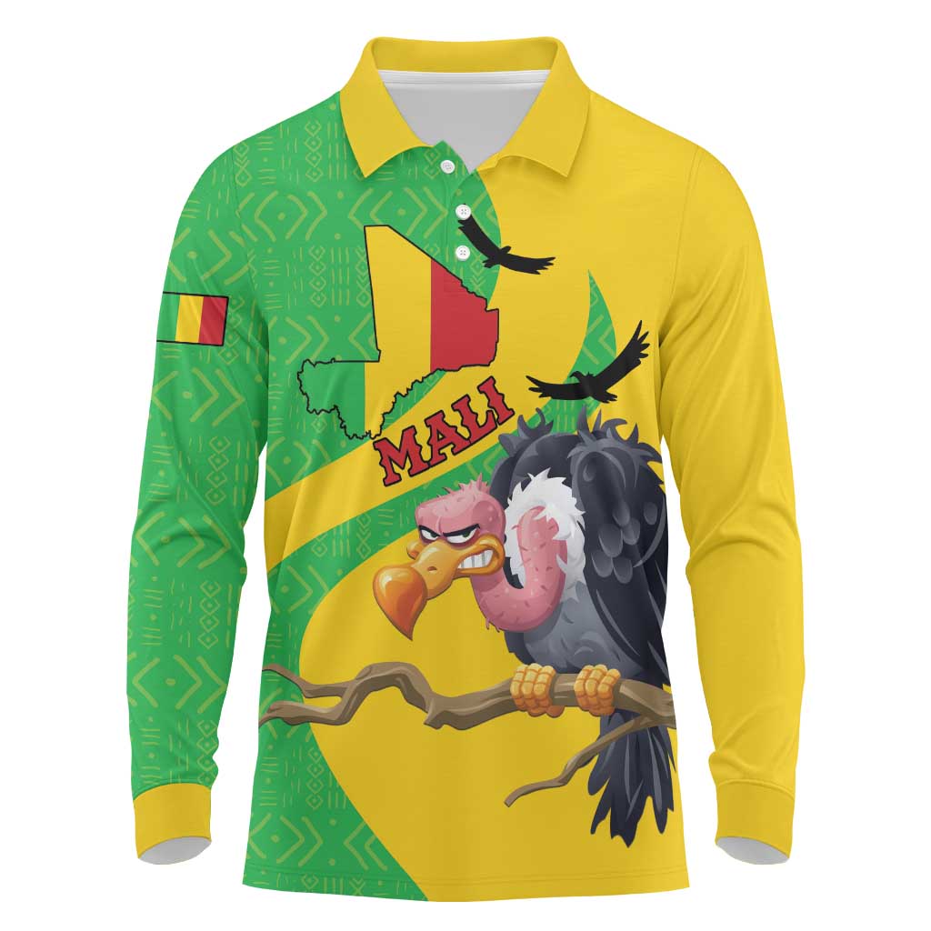 Personalised Mali Long Sleeve Polo Shirt Vulture With Flag Map Bogolan Pattern - Wonder Print Shop