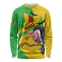 Unisex long sleeve shirt, yellow with green side panels and Mali map bird graphic