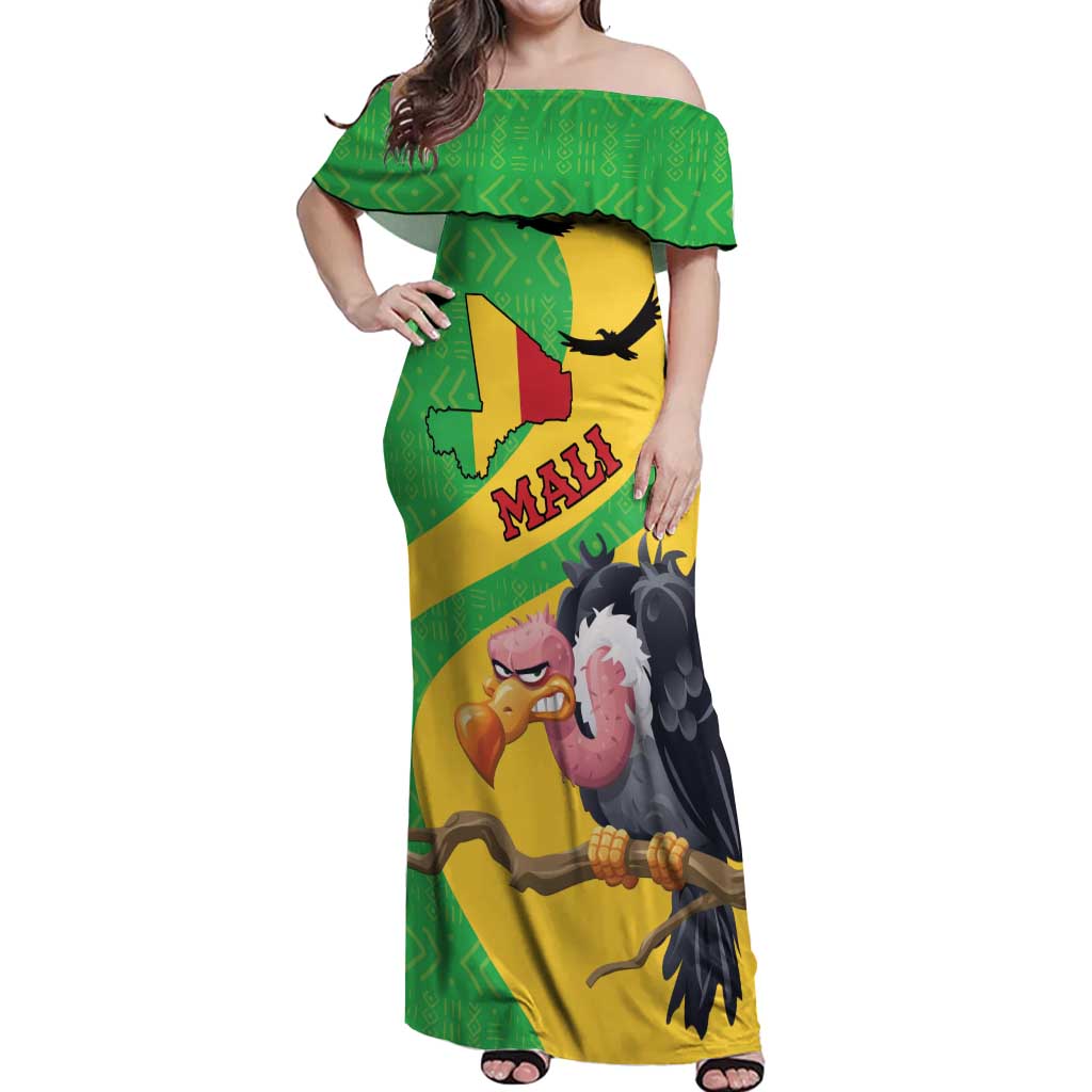 Personalised Mali Off Shoulder Maxi Dress Vulture With Flag Map Bogolan Pattern - Wonder Print Shop