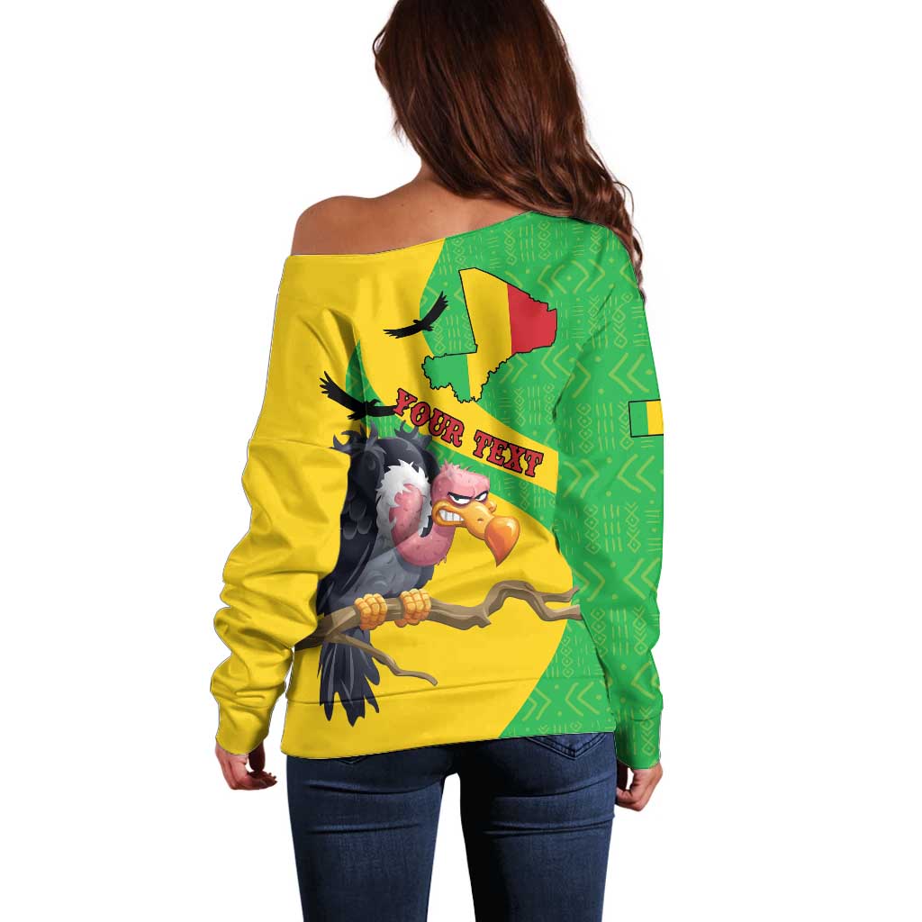 Women’s off-shoulder sweater back print: Mali flag map, vulture graphic, yellow/green