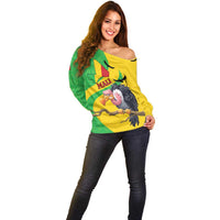 Women’s off-shoulder sweater with Mali flag map and vulture print, yellow/green