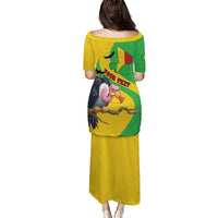 Yellow long dress, back view, colorful Mali flag map vulture print on T-shirt top