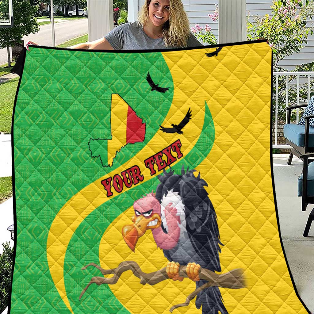 Quilted throw quilt showing green-and-yellow Texas map and vulture graphic