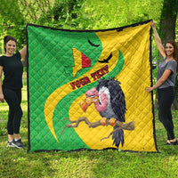 Quilted outdoor throw quilt in green and yellow with Texas map and vulture artwork
