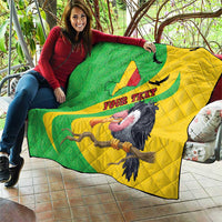 Quilted throw quilt, green and yellow with Texas map, vulture graphic, and text