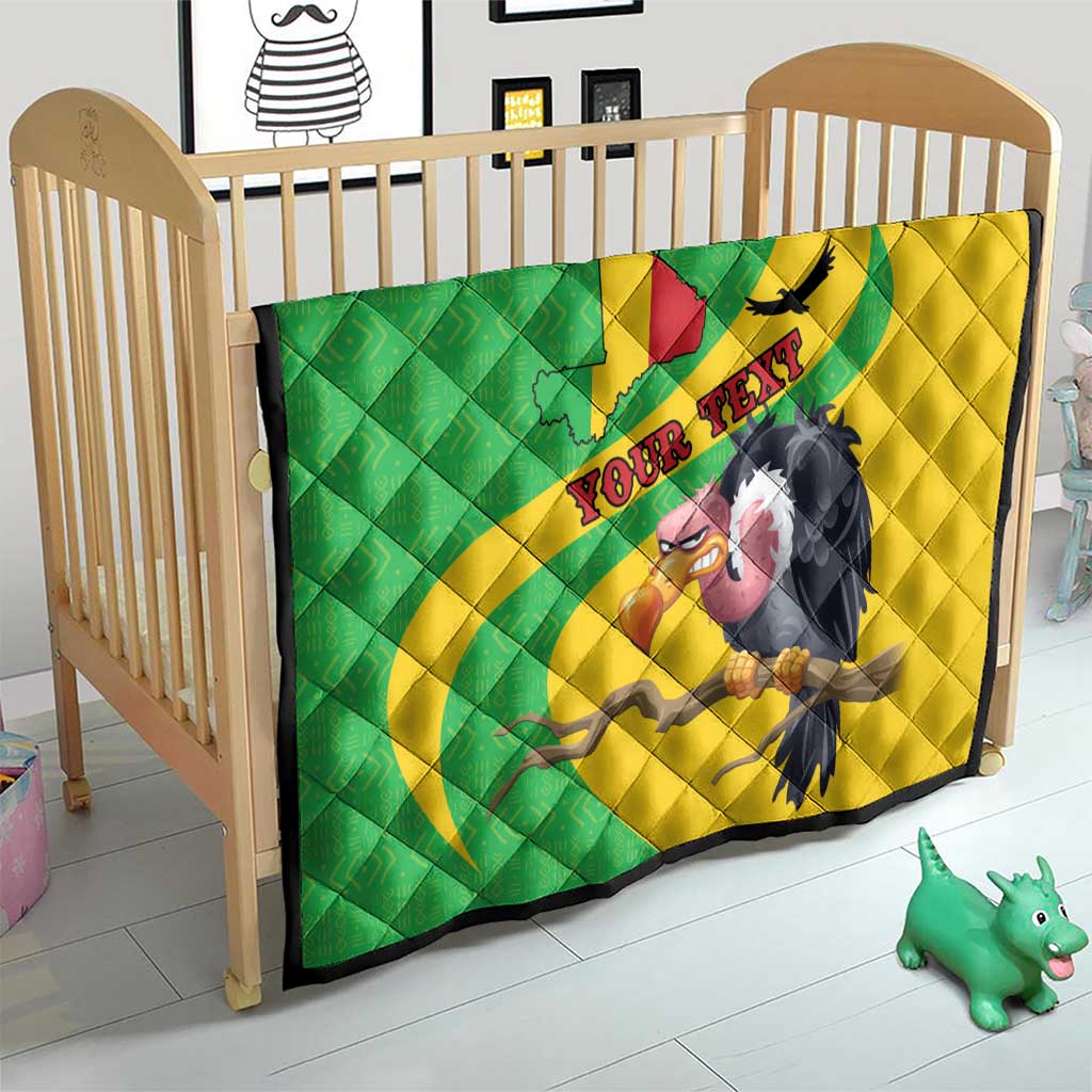 Quilted kid’s throw quilt with green and yellow Texas map, vulture graphic, and text