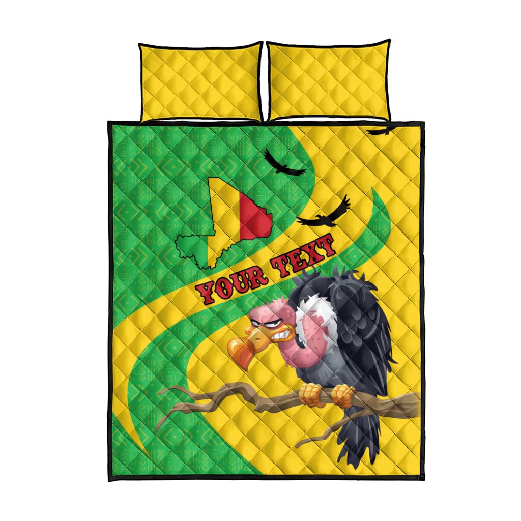Yellow and green quilt bed set with bird and map design, two square pillows.
