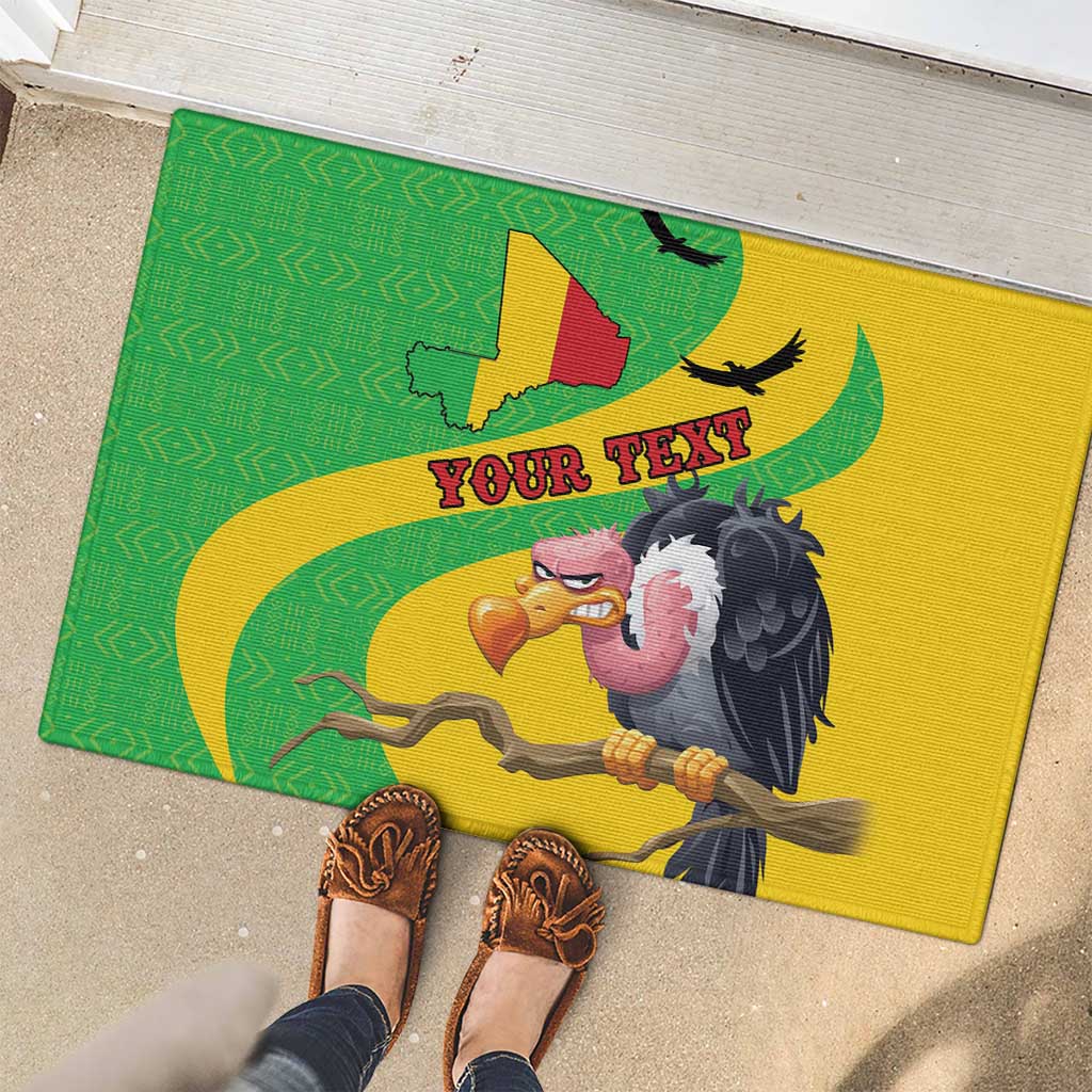Personalized rubber doormat with Mali flag map, bold green-yellow print, black vulture and custom text