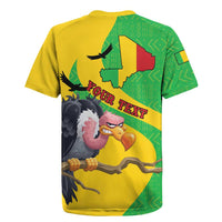 Yellow rugby jersey with green patterned map back print, red panel flags, vulture artwork