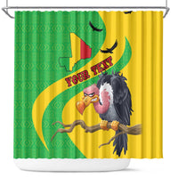 Personalised shower curtain with green and yellow map design and cartoon vulture