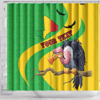 Shower curtain featuring green and yellow flag map, banner text, and cartoon vulture