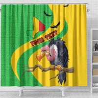 Shower curtain panel showing green-yellow map, flying birds, and cartoon vulture