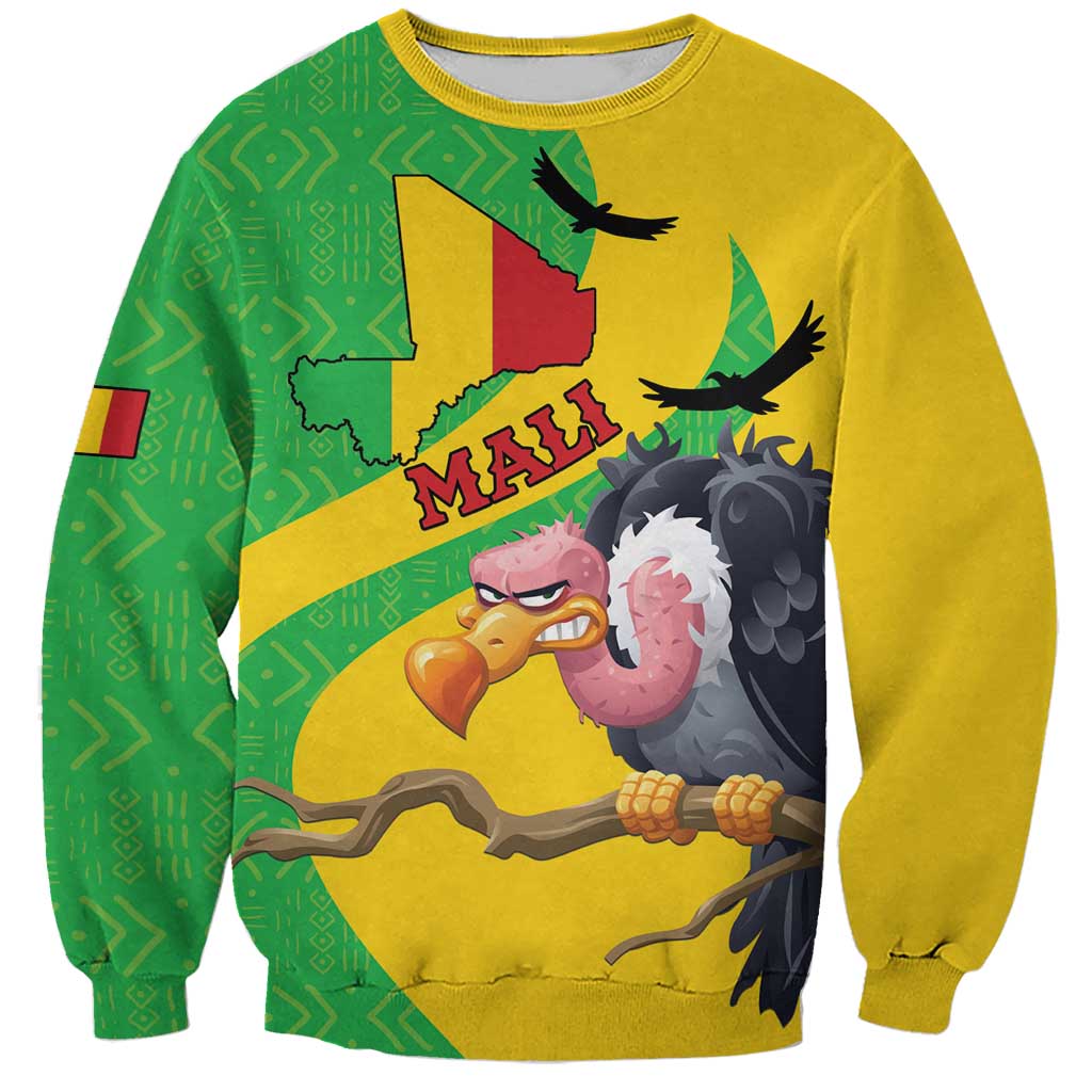 Yellow and green unisex sweatshirt with Mali map and vulture graphic on front