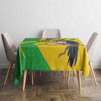 Yellow Mali vulture tablecloth with green panel and black beak-and-wing artwork.