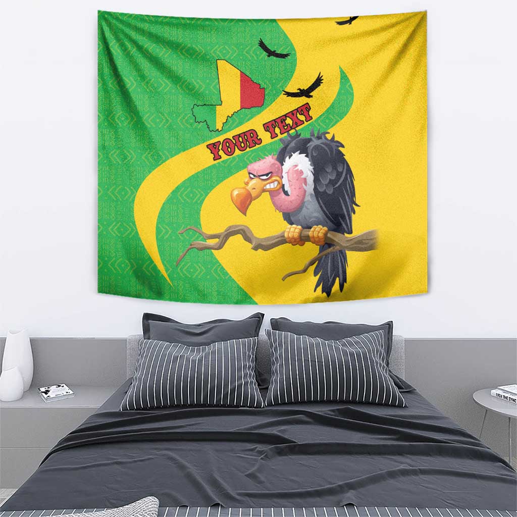 Vulture wall tapestry with green and yellow fields, Mali map, and 'YOUR TEXT' lettering
