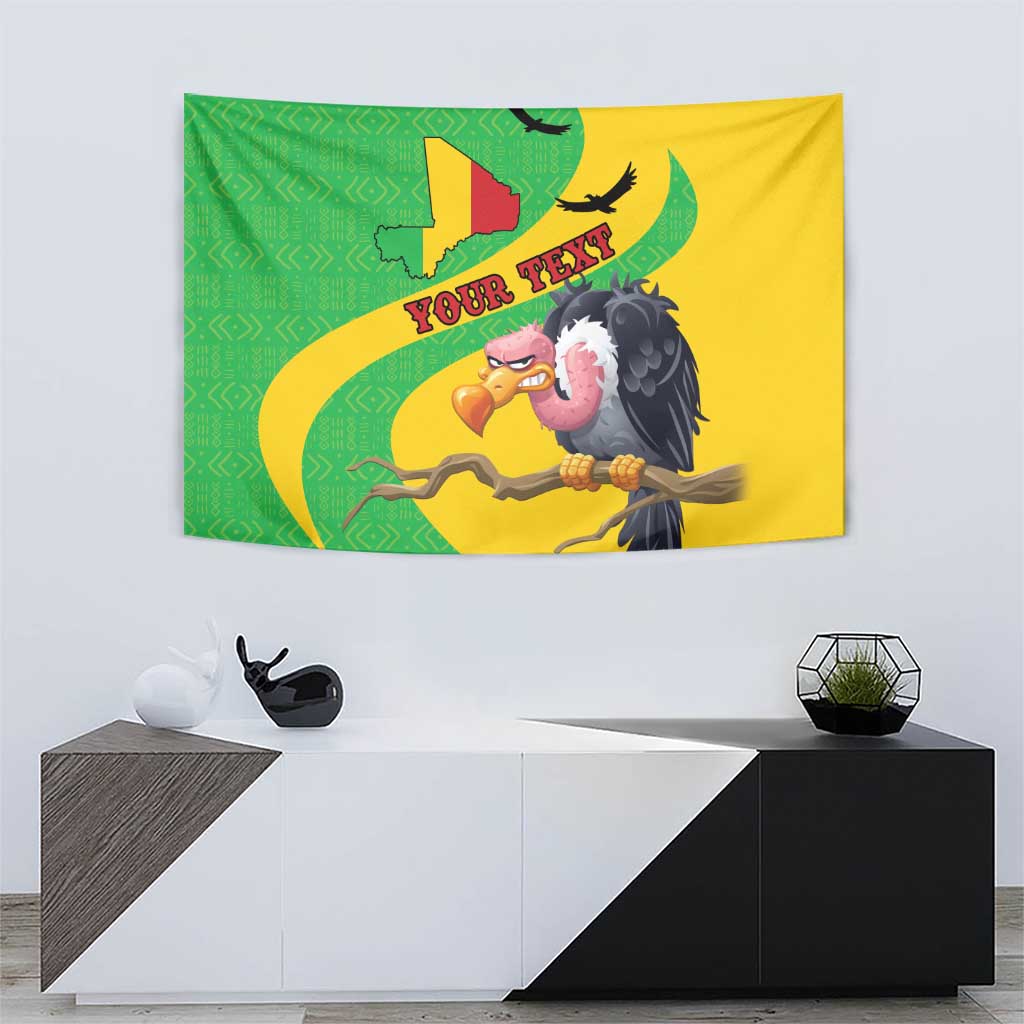 Rectangular vulture tapestry showing Mali map, curved yellow stripe, and 'YOUR TEXT' banner