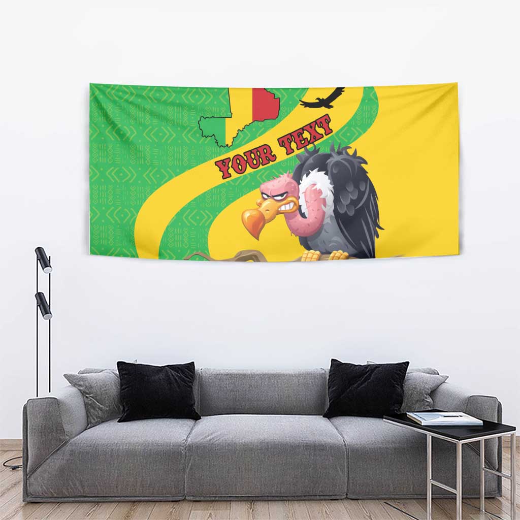 Wall hanging tapestry with vulture illustration, Mali map, and red 'YOUR TEXT' text