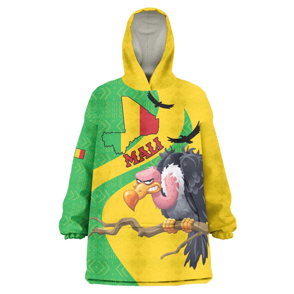 Personalised Mali Wearable Blanket Hoodie Vulture With Flag Map Bogolan Pattern - Wonder Print Shop