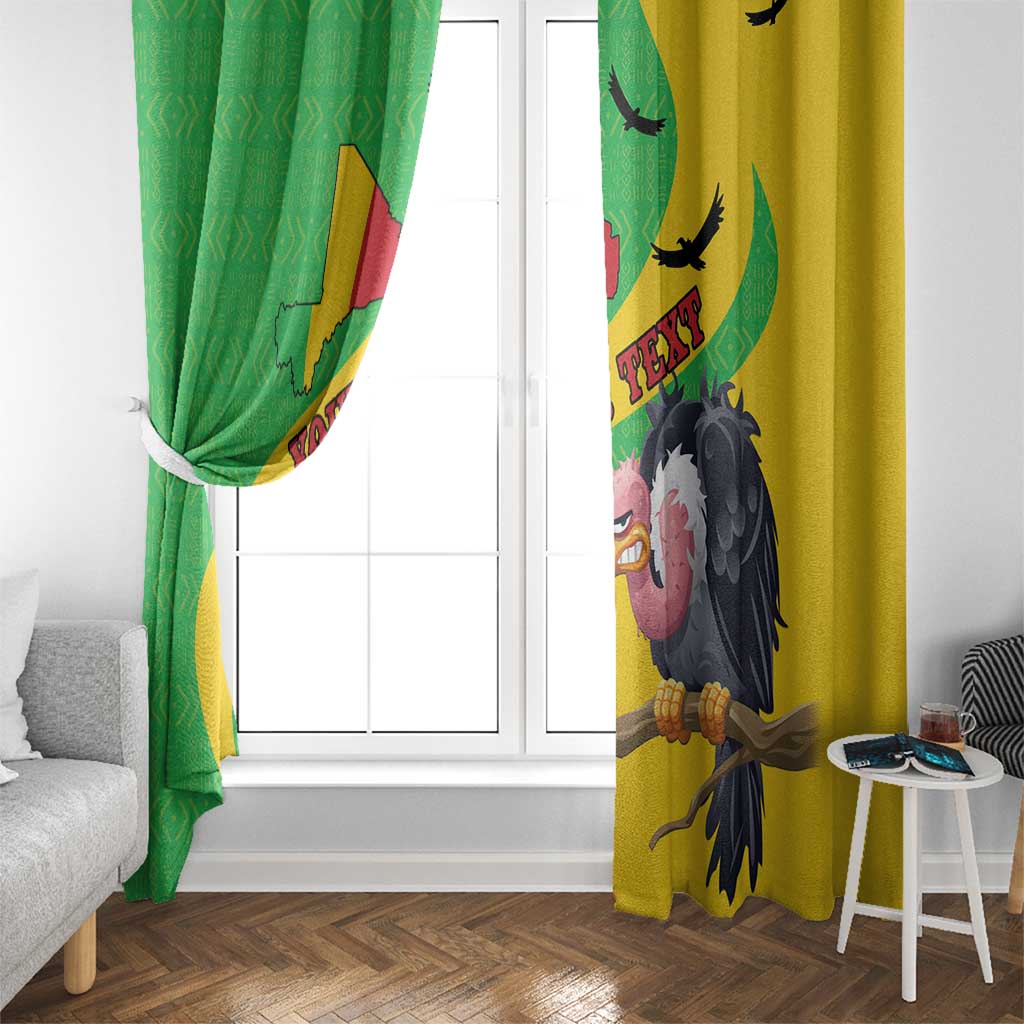 Window curtains with Mali flag and vulture artwork, green panel left and yellow right