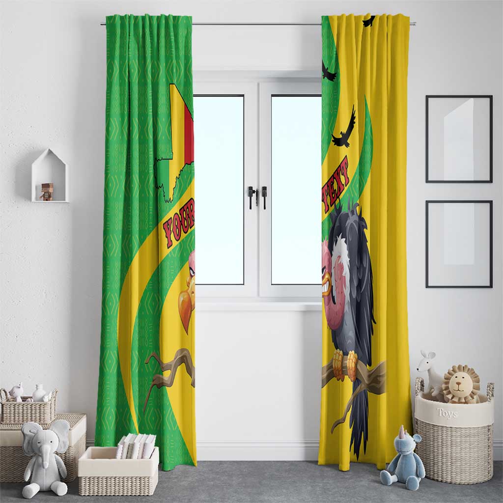 Pair of patterned window curtains with Mali map, vulture illustration, green and yellow