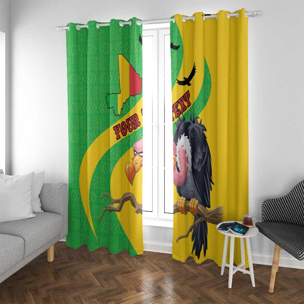 Hanging window curtains with Mali flag and vulture design, green and yellow with rod