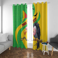 Hanging window curtains with Mali flag and vulture design, green and yellow with rod