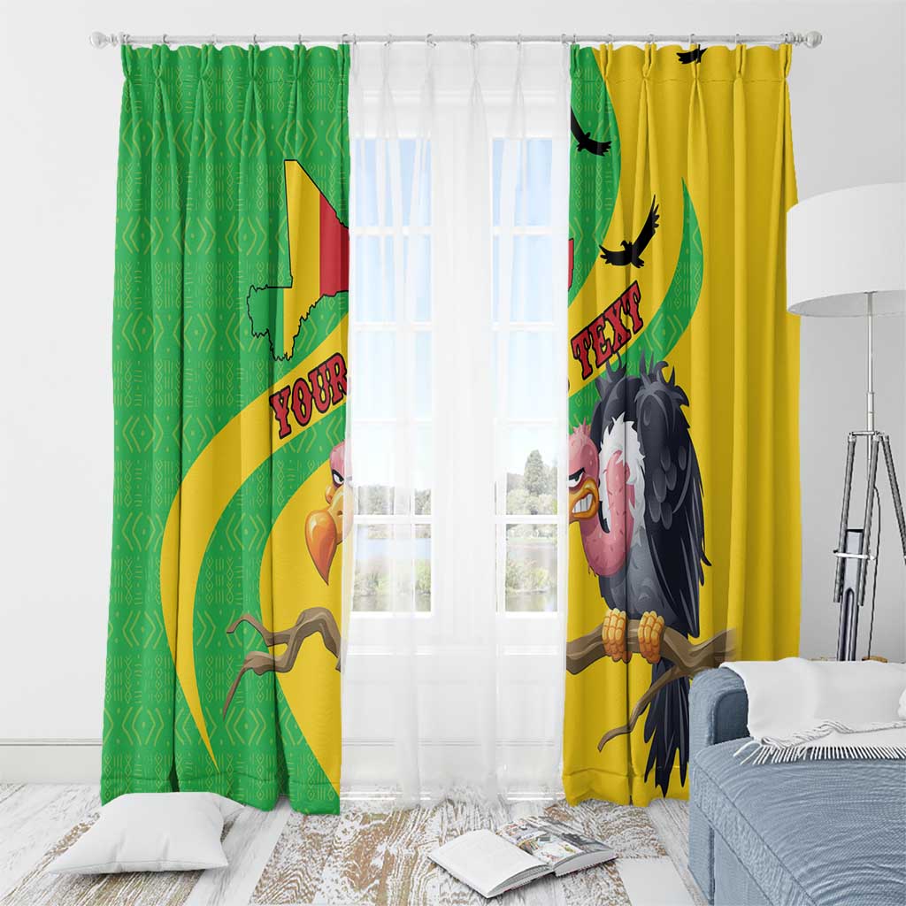 Window curtain pair with Mali map, vulture print, yellow and green panels on rod
