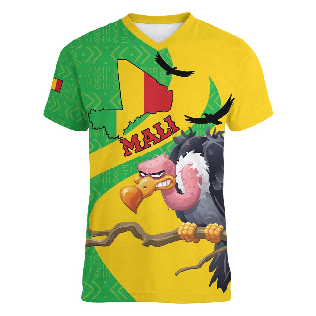 Personalised Mali Women V-Neck T-Shirt Vulture With Flag Map Bogolan Pattern - Wonder Print Shop