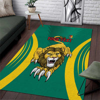 Green lion area rug with “YOUR TEXT” banner and yellow curved wave stripes.