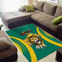 Green lion rug with centered “YOUR TEXT” and bold yellow wave stripes.