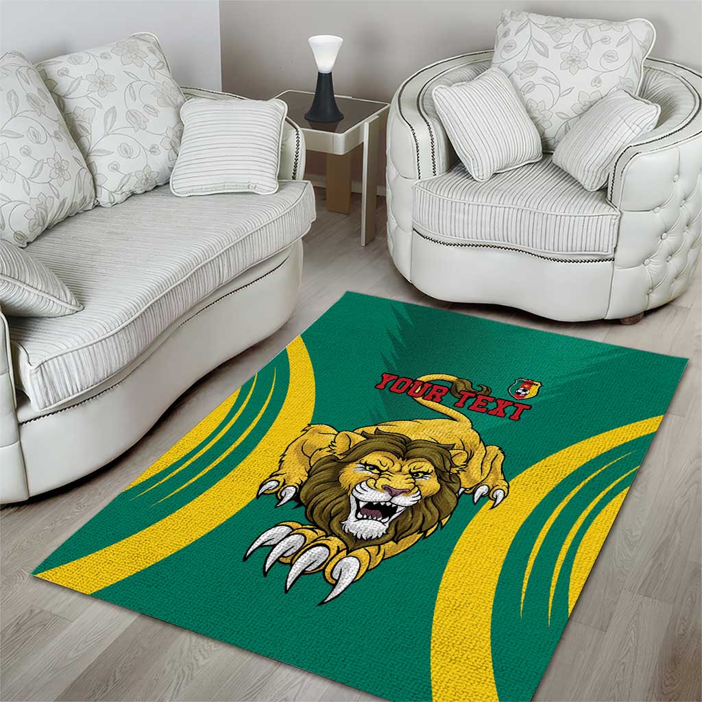 Green Cameroon lion area rug with “YOUR TEXT” and yellow wave pattern.