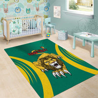 Green lion rug with “YOUR TEXT” and yellow wave stripes for living or playrooms.
