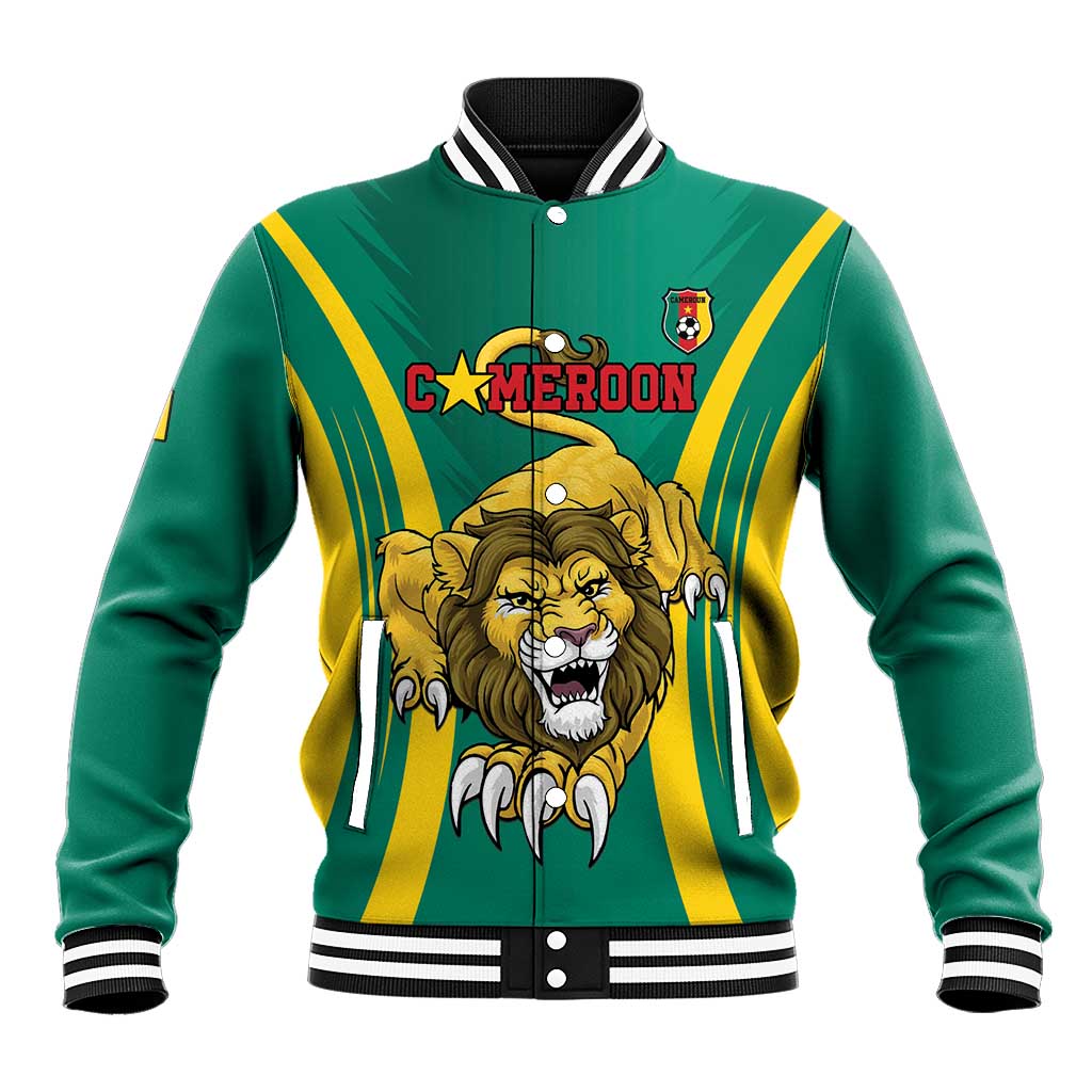 Green varsity baseball jacket with lion crest, yellow diagonal stripes, striped ribbed collar