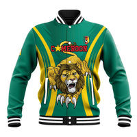 Green varsity baseball jacket with lion crest, yellow diagonal stripes, striped ribbed collar
