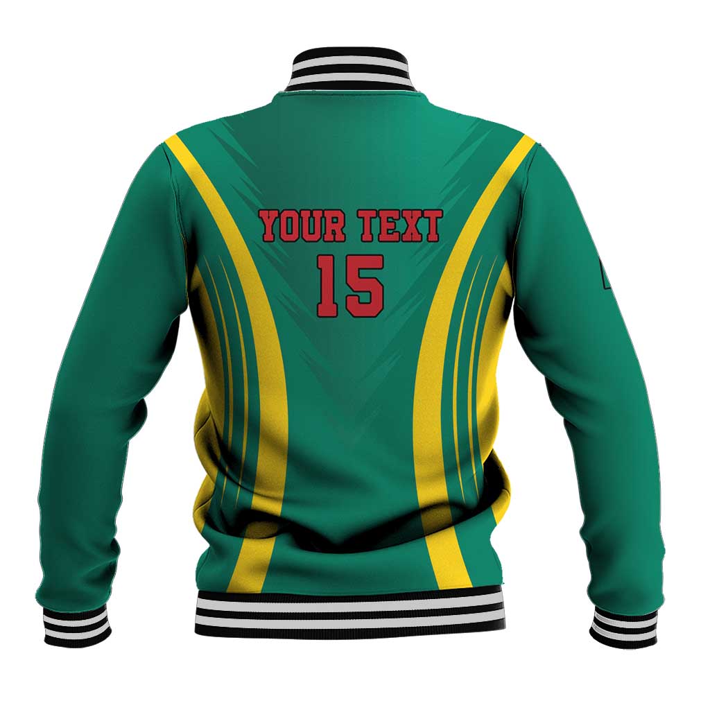Green varsity baseball jacket back print 'YOUR TEXT' 15, yellow diagonal stripes, striped ribs