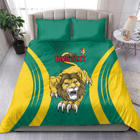 Green and yellow football bedding set with lion head on duvet, two pillows, “Your Text” print.
