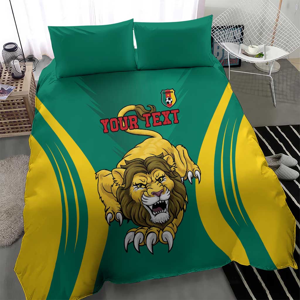 Green and yellow football bedding set with lion graphic and two pillows, includes “Your Text”.