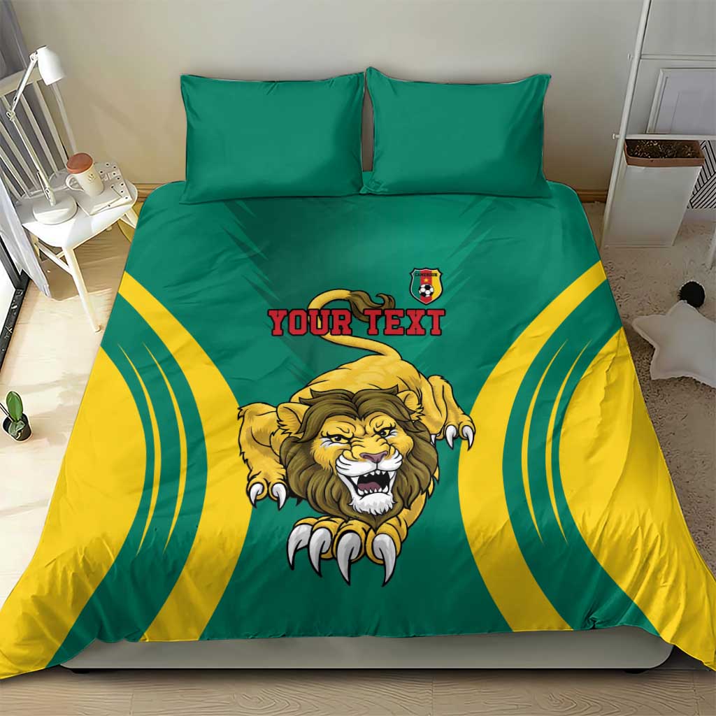 Green and yellow football bedding set with lion crest artwork, two pillows, “Your Text” centered.