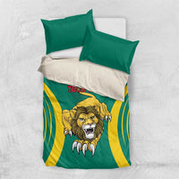 Green and yellow bedding set with lion head print on duvet and matching pillowcases, “Your Text”.
